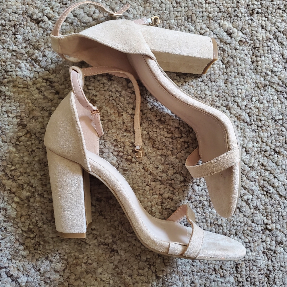 Beige Suede Ankle-Strap Heels